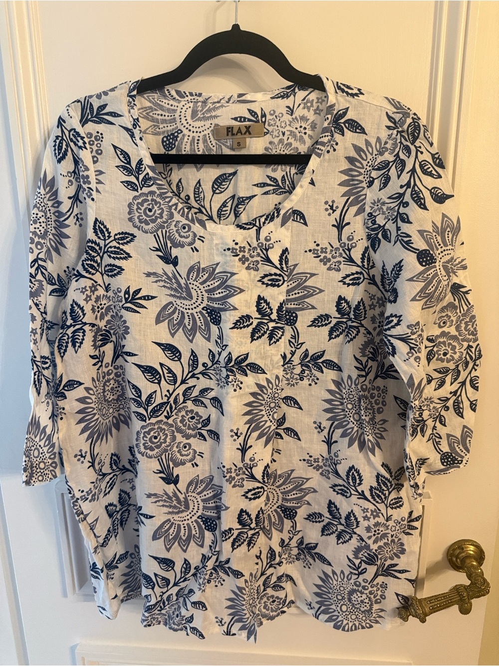 NWOT FLAX Blue White Floral Linen Tunic Top Size Small Made in Lithuania (282)